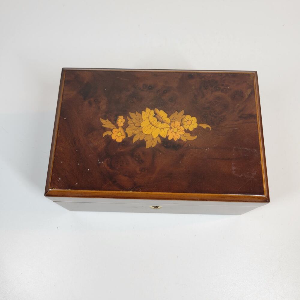 VINTAGE Jewelry Box  6.5" Brown Wooden Floral Inlaid Brown ‎ Made in Italy